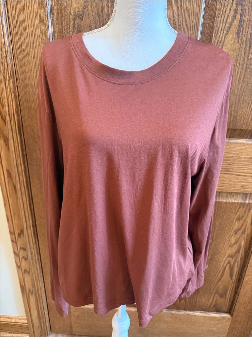 Quince Cotton Modal Long Sleeve Crewneck Top in Redwood Brown Large